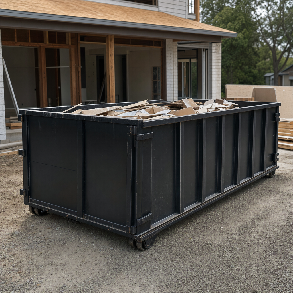 Large matte-black 30-yard construction roll-off dumpster at an active Deerfield Beach jobsite, steel-gray top rails and bottom rollers visible, loaded with construction debris.