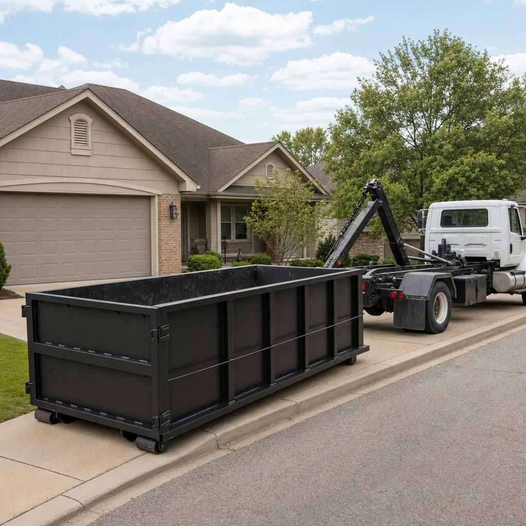 Wide documentary shot of a matte-black roll-off dumpster on a Deerfield Beach residential driveway in the foreground and a contractor jobsite container in the soft-focus background, bright daylight, calm and orderly composition.