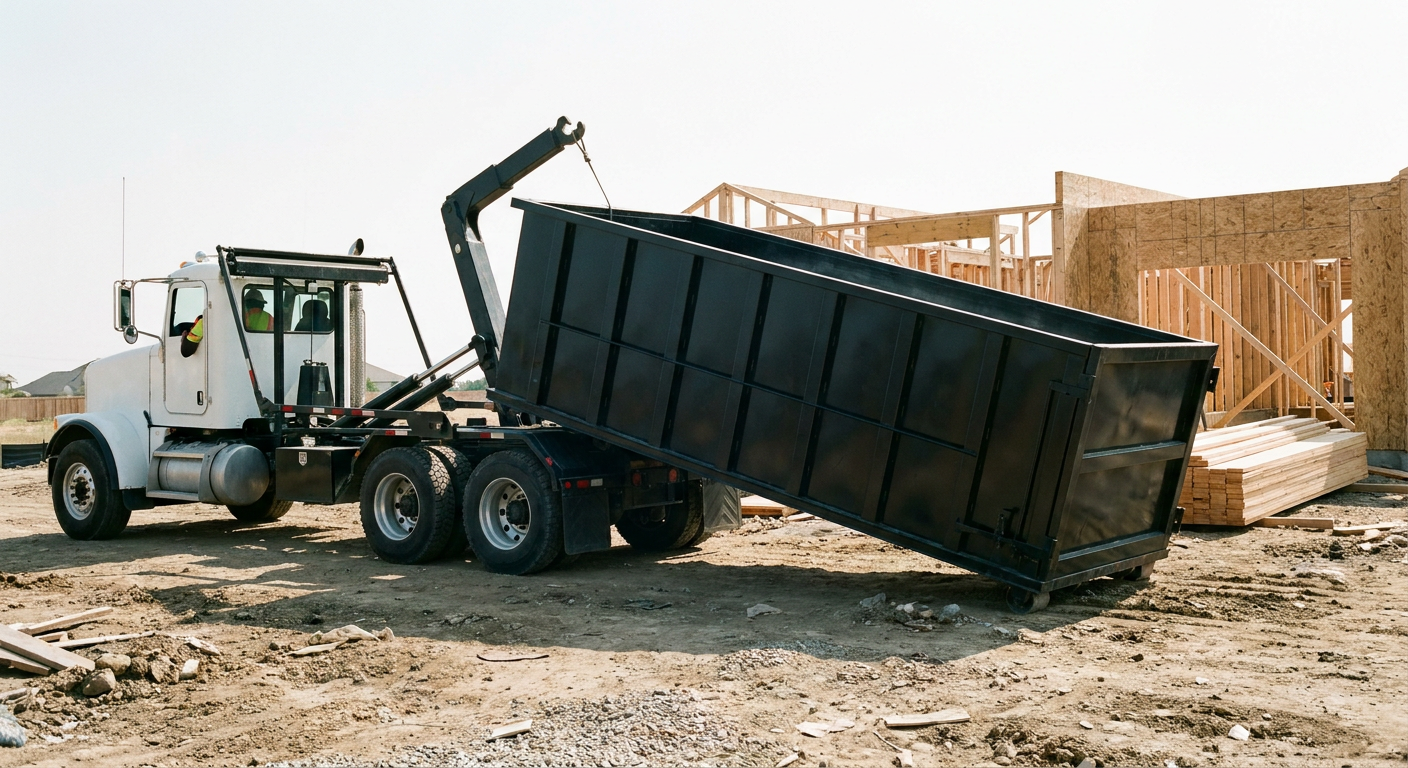 Matte-black roll-off dumpster being delivered onto a clean residential concrete driveway in Deerfield Beach by an unmarked white hooklift hauler truck, bright morning daylight, documentary 35mm perspective.